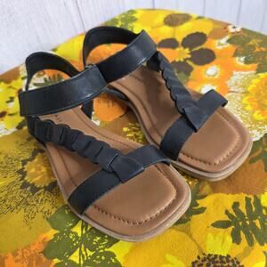 Lucky Brand Natany Black Leather Flat Sandals Braided T Strap Ankle - Size 6